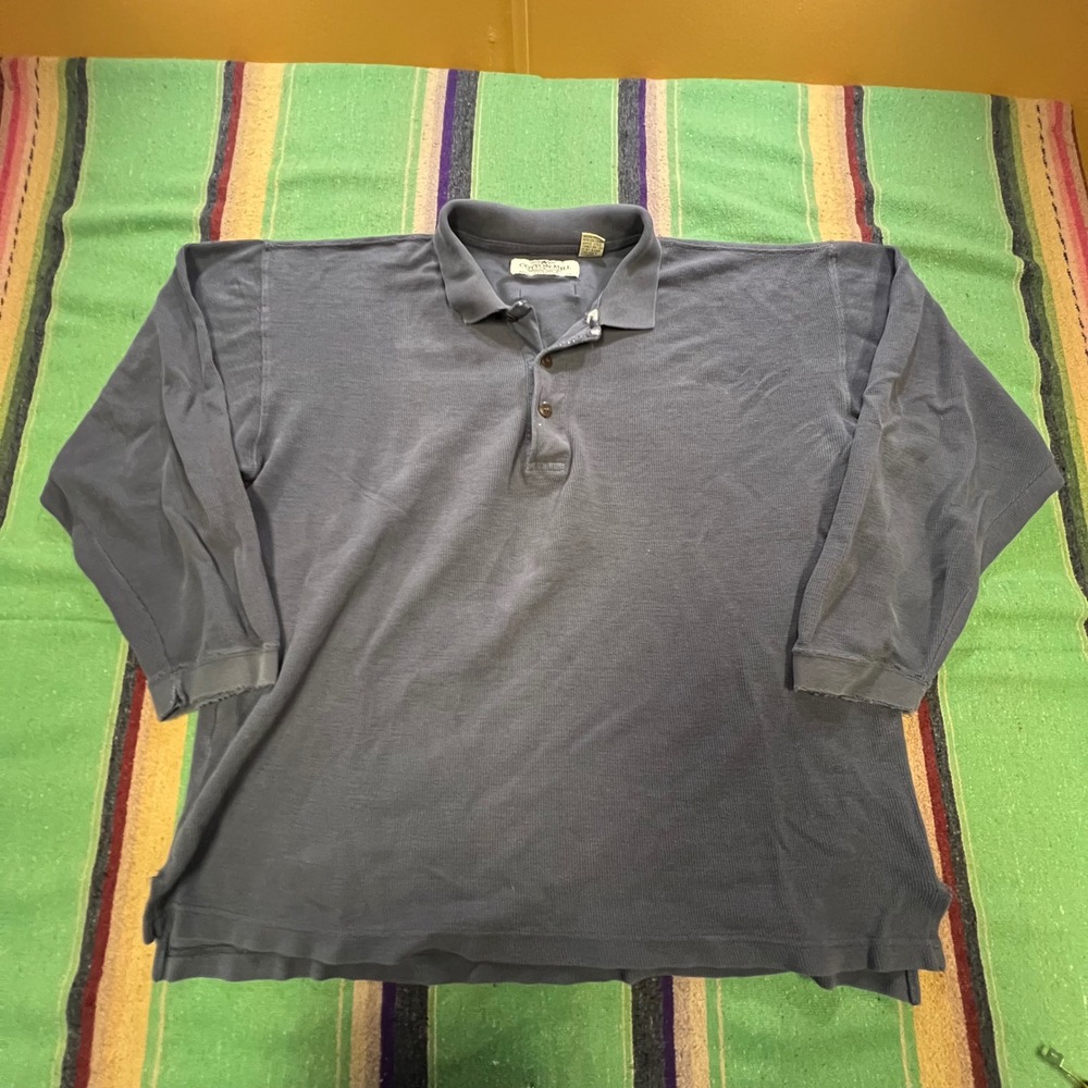 Cotton Mill Polo Shirt Mens M Blue Long Sleeve Waffle Knit Distressed Vintage